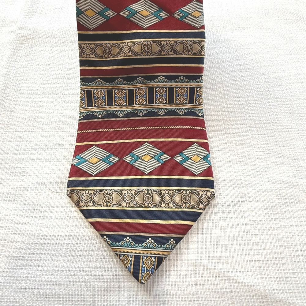 Vintage 90s Hatfield House Silk‎ Tie Geometric Stripe Made USA Red Blue